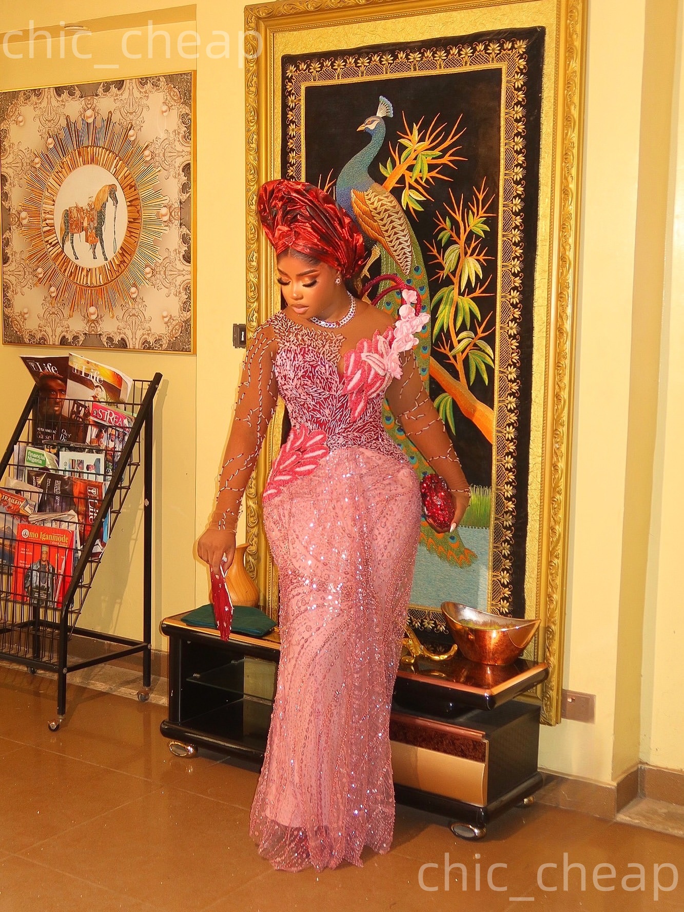 Aso Ebi Pink Sheath Prom Dresses 2026 Florals Beaded Sheer Neck Sequined Evening Formal Party Second Birthday Engagement Gowns Plus Size Dress For Spe