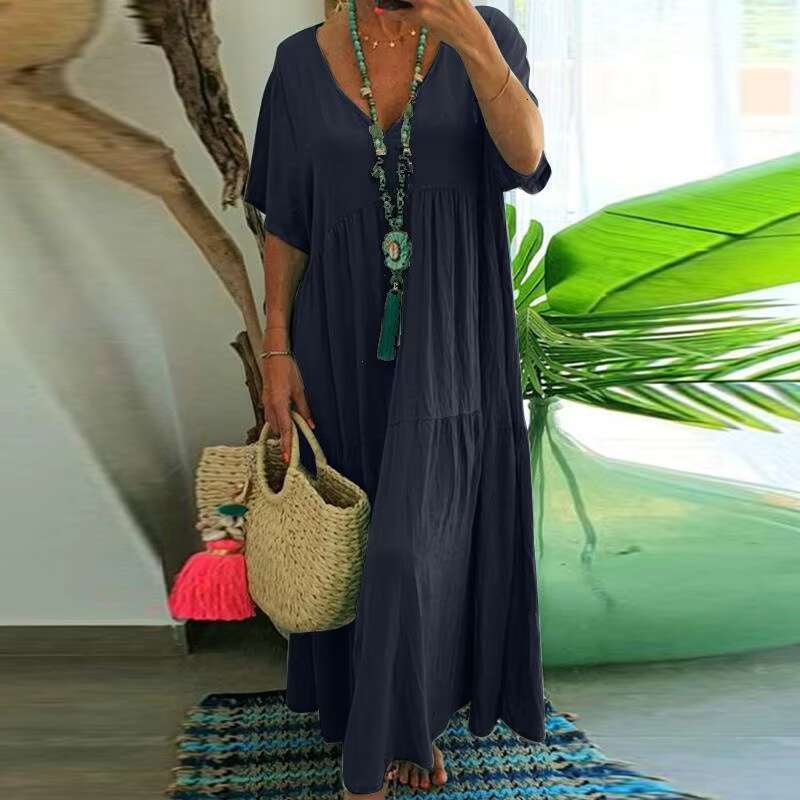 DHEssentials Women's Cotton And Linen Loose Long Maxi Summer V-neck Short Sleeved Solid Oversized Dress With Size S-5XL