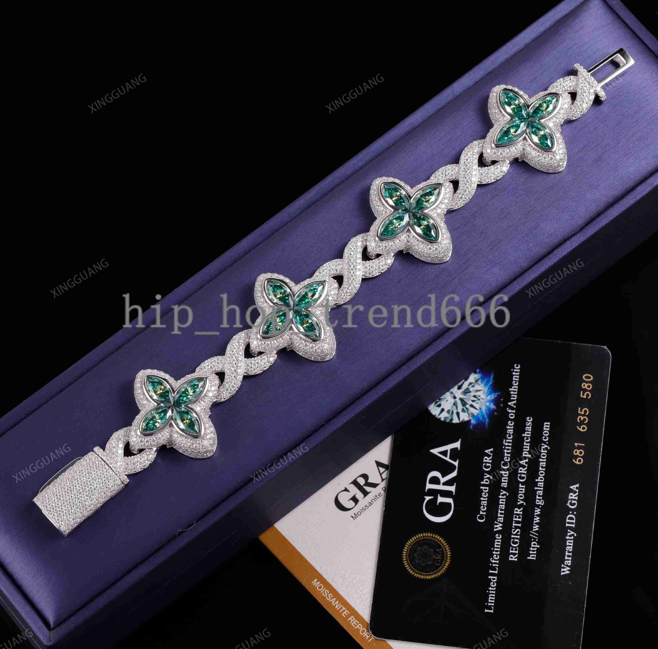 New Trendy VVS Diamond Infinity Link Cuban Bracelet 925 Silver Gold Plated Green Moissanite Clover Cuban Bracelet for Men Women