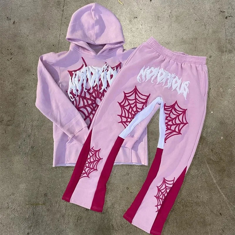 High Street Harajuku Spider Web Printed Loose Hoodie Y2K Hip Hop Street Mens Casual Zipper Sweatpants Gothic 250422