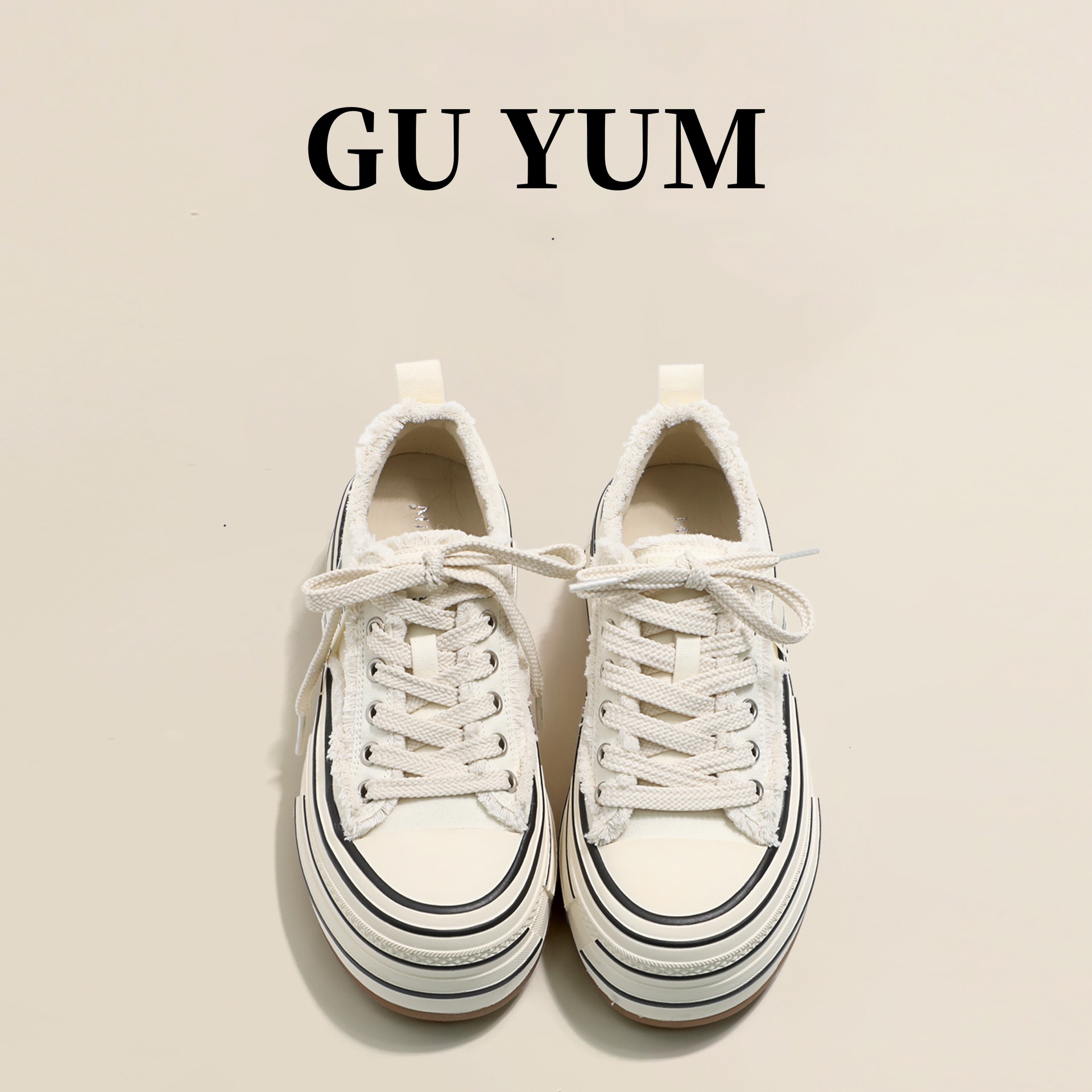 Women's off-white platform canvas shoes with increased height new spring style chunky heel distressed shoes casual sneakers