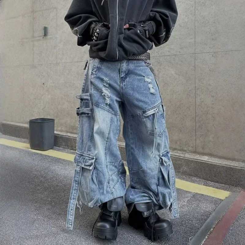 2025 Cyber Y2K Streetwear Washed Blue Baggy Ripped Cargo Jeans Pants For Men Clothing Wide Leg Vintage Loose Punk Denim Trousers L251127