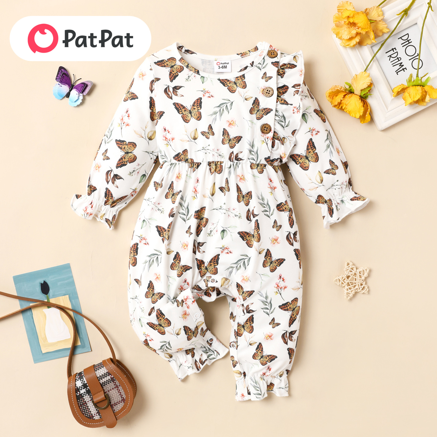 PatPat Baby Girl Solid Cotton Ribbed or Allover Butterfly Print Naia Ruffle Trim Long-sleeve Jumpsuit