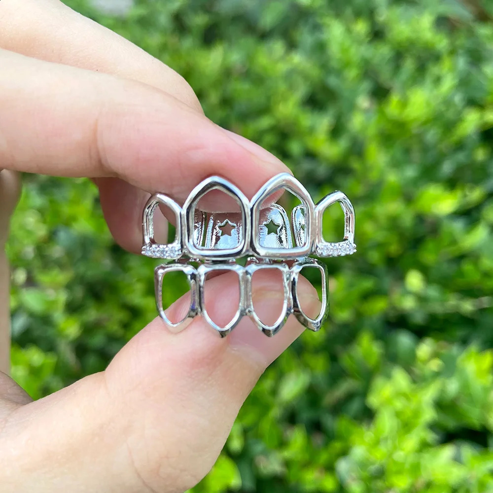 RACHELZ Hip Hop 4/4 Hollow Zircon Teeth Grillz For Women Men 14K Gold Plated CZ Stone Tooth Caps Body Jewelry 250427