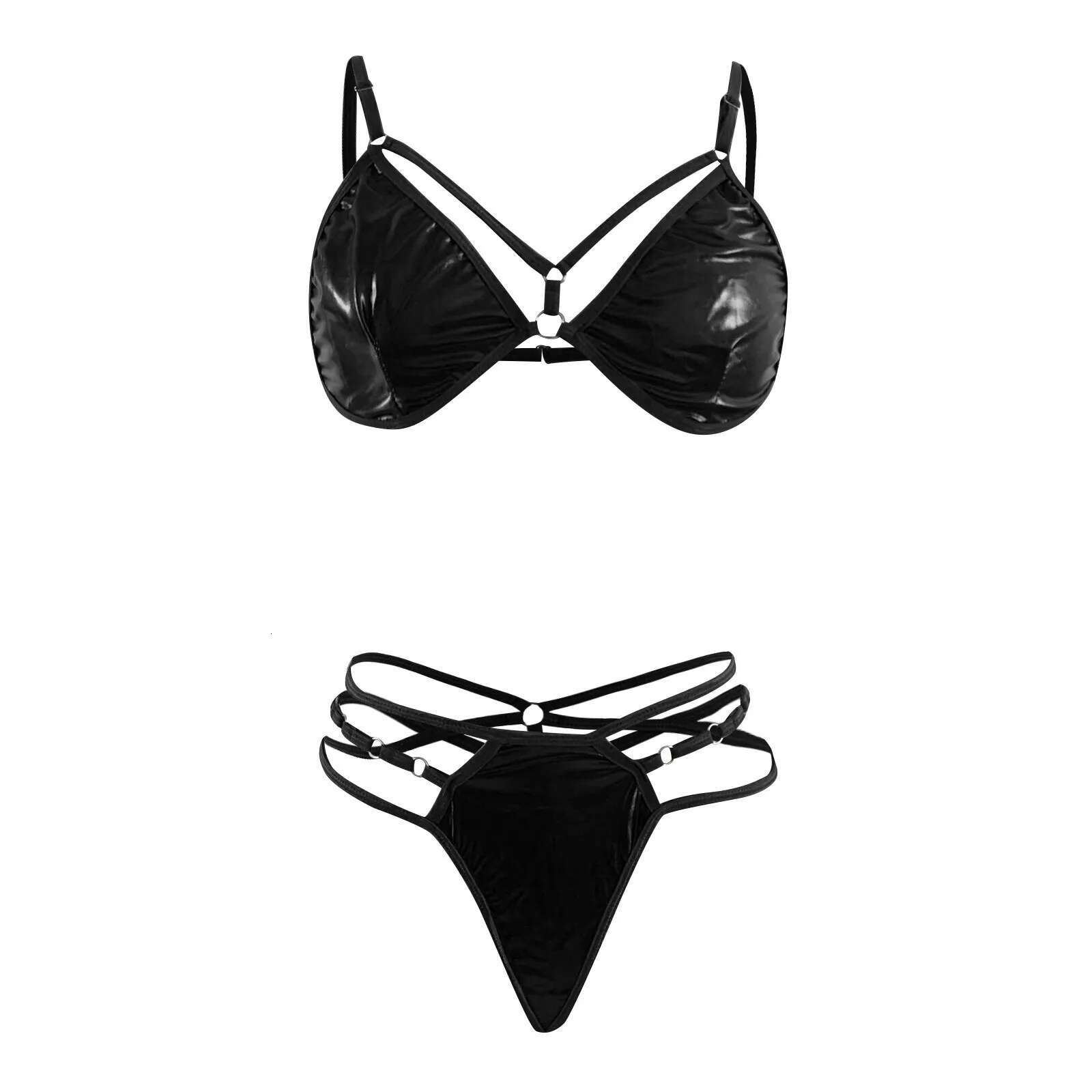 Dongdumaoyi Women Fashion Underwear Two Piece Set Sexy Patent Leather Steel Circle Lingerie Three Points Strap Hollow Out Panties Porno Suit Women S T