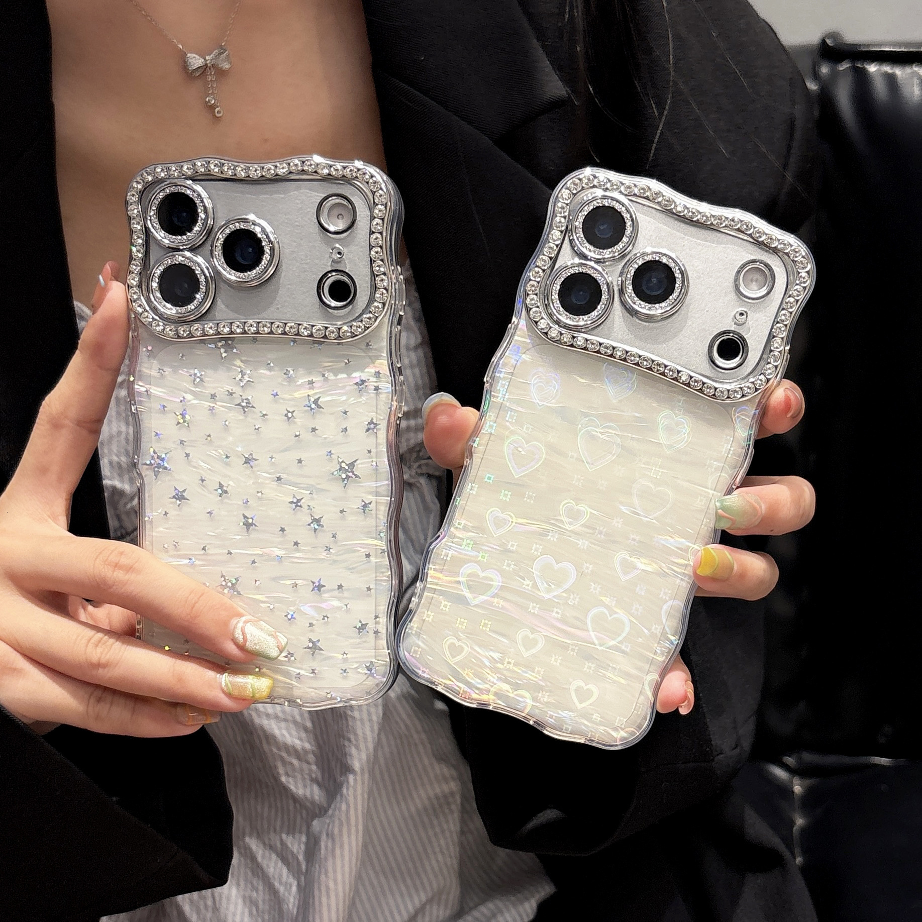 Twisted Edge Laser Heart Star iPhone 17 Pro Max Phone Case Compatible with Apple 16 Dot Protective Case
