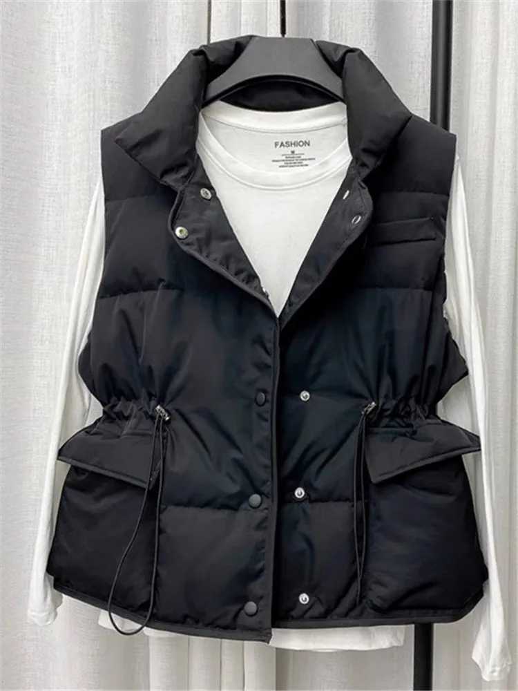 Parkas Women Vest Coats Thick Warm Sleeveless Turn Down Collar Drawstring Tight Waist Coat Single Breasted Autumn Winte CardiganT251128