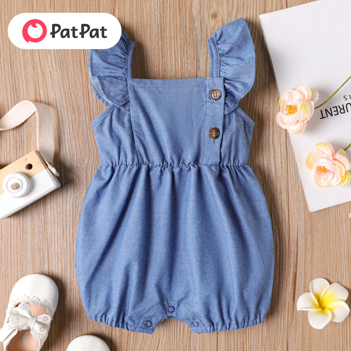 PatPat Baby Girl Ruffled Button Design Sleeveless Denim Rompers