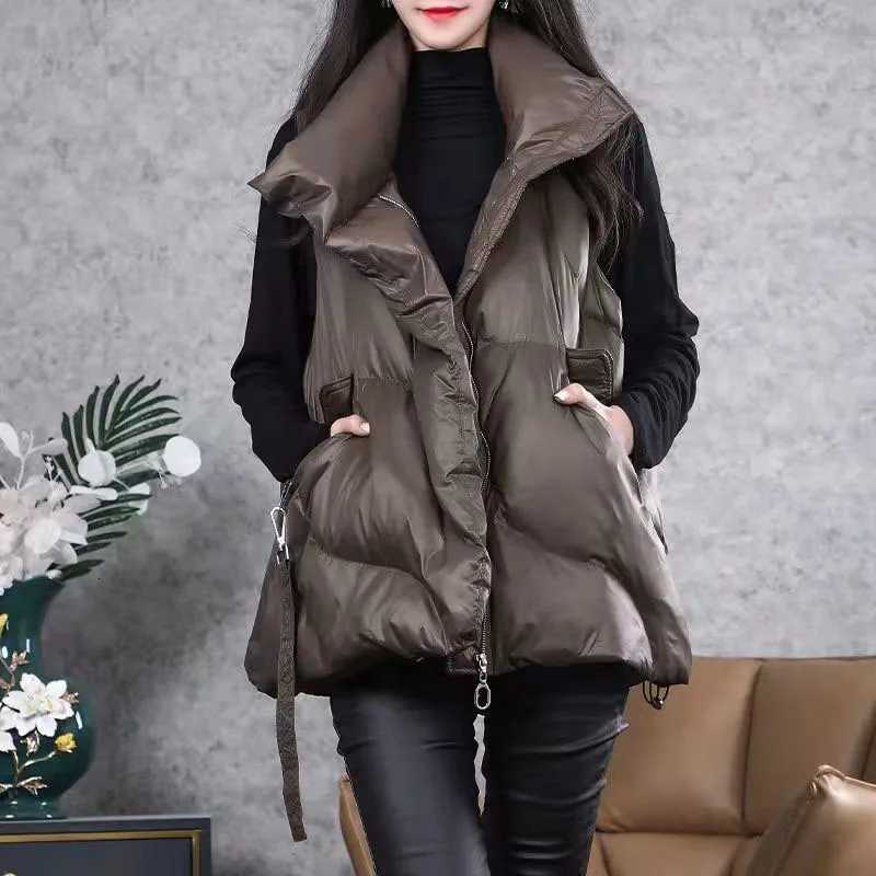 New Winter Down Cotton Vest Women Loose Solid Sleeveless Jacket Coat Female Warm Vests Autumn Lightweight Waistcoat Brown BlackT251128