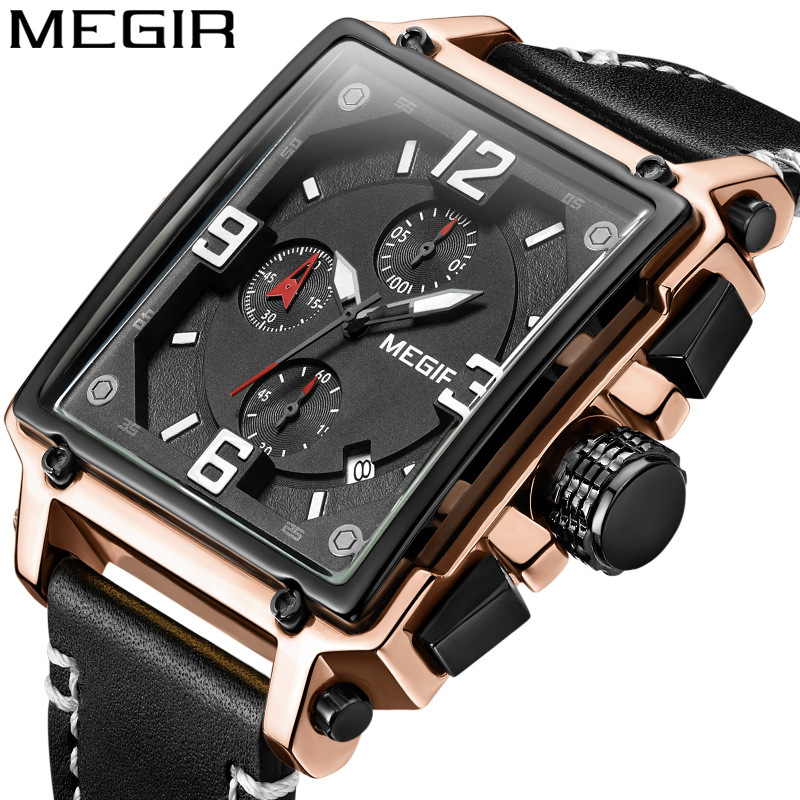 MEGIR Designer Men's Watches Retro Fashion Square Multi-functional Calendar Genuine Leather Men's Quartz Watches Luxury Wristwatches Free De