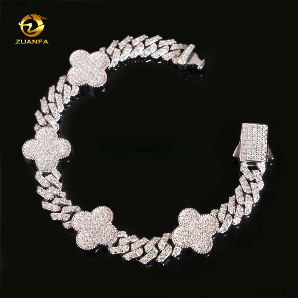 Bulk Stock Hot Sale Rapper Fashion Luxury Jewelry S925 Silver Iced Hip Hop VVS Moissanite Clover Flower Cuban Bracelet