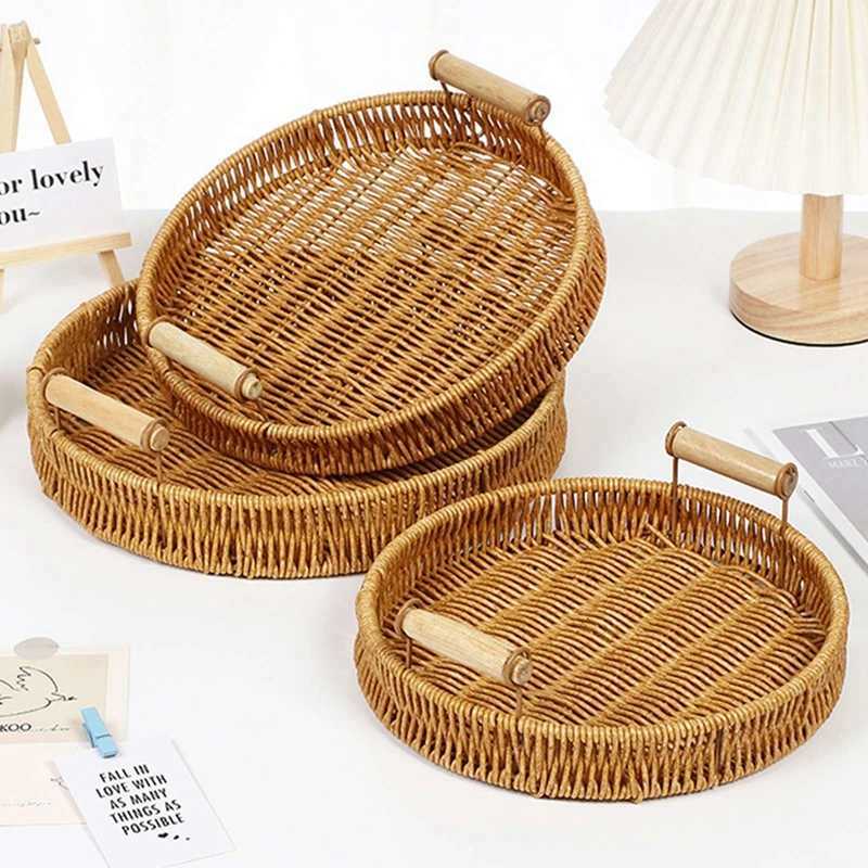 Imitation Rattan Basket Round Square Fruit Bread Storage Basket with Handle Handwoven Storage Tray Home Kitchen Storage Supplies Y251129