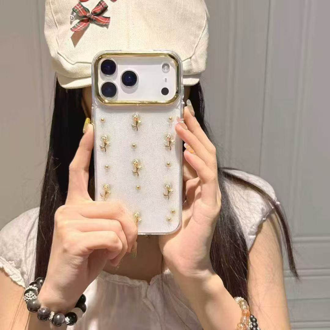 Flower Heart Bow Phone Case Compatible with iPhone 17 Pro Max Gold Bead Transparent Case Apple 16/15 Pro