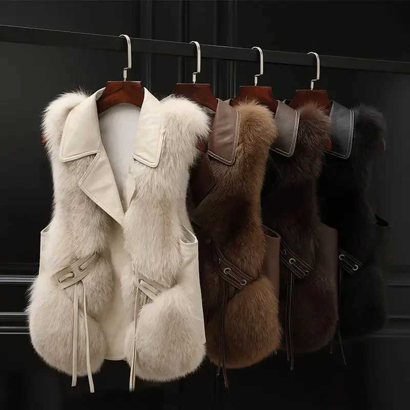 White Lace Up Womens Fur Vests Splicing Lady Giletes Pretty Demi-season New Outerwear Youthful Warm Cheap Cold Elegant WorkingT251129