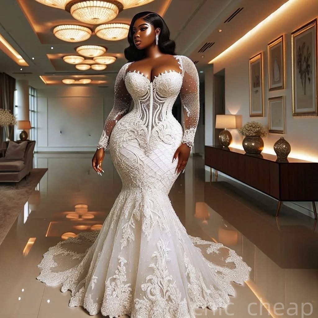 2025 Oversize Aso Ebi Plus Size Ivory Wedding Dress Lace Beaded Full Sleeves Elegant Vintage Bridal Gowns Dresses ZJ066