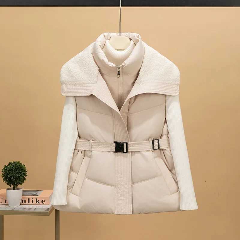 Fashion Stand Up Collar Zipper Waistcoat Warm Sleeveless Quilted Coats Autumn Winter Belt Slim Cotton Jacket Vest for WomenT251129