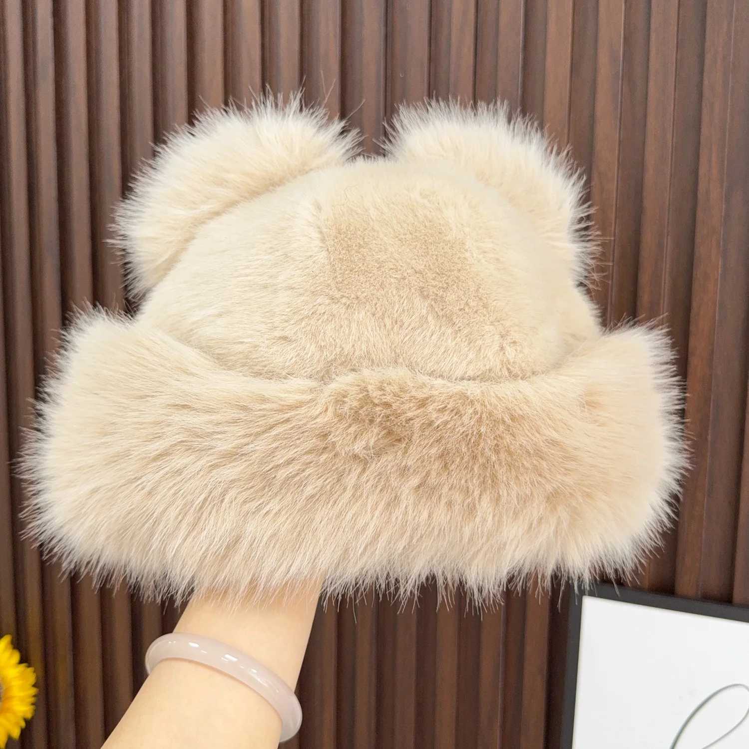 Retro Fuzzy Bear Ear Beanie Hat Pom-pom Ears Bucket Hats for Men and Women Winter Russian Thickened Warm Ear Protector Basin CapXJ251129