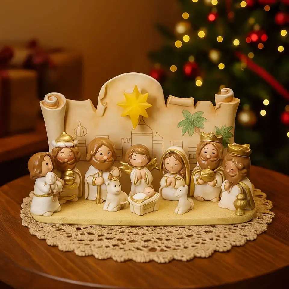 Resin Nativity Manger Ornament Miniature Cartoon Nativity Figurine Hand Painted LED Lights Jesus Child Statue He Decor H251129