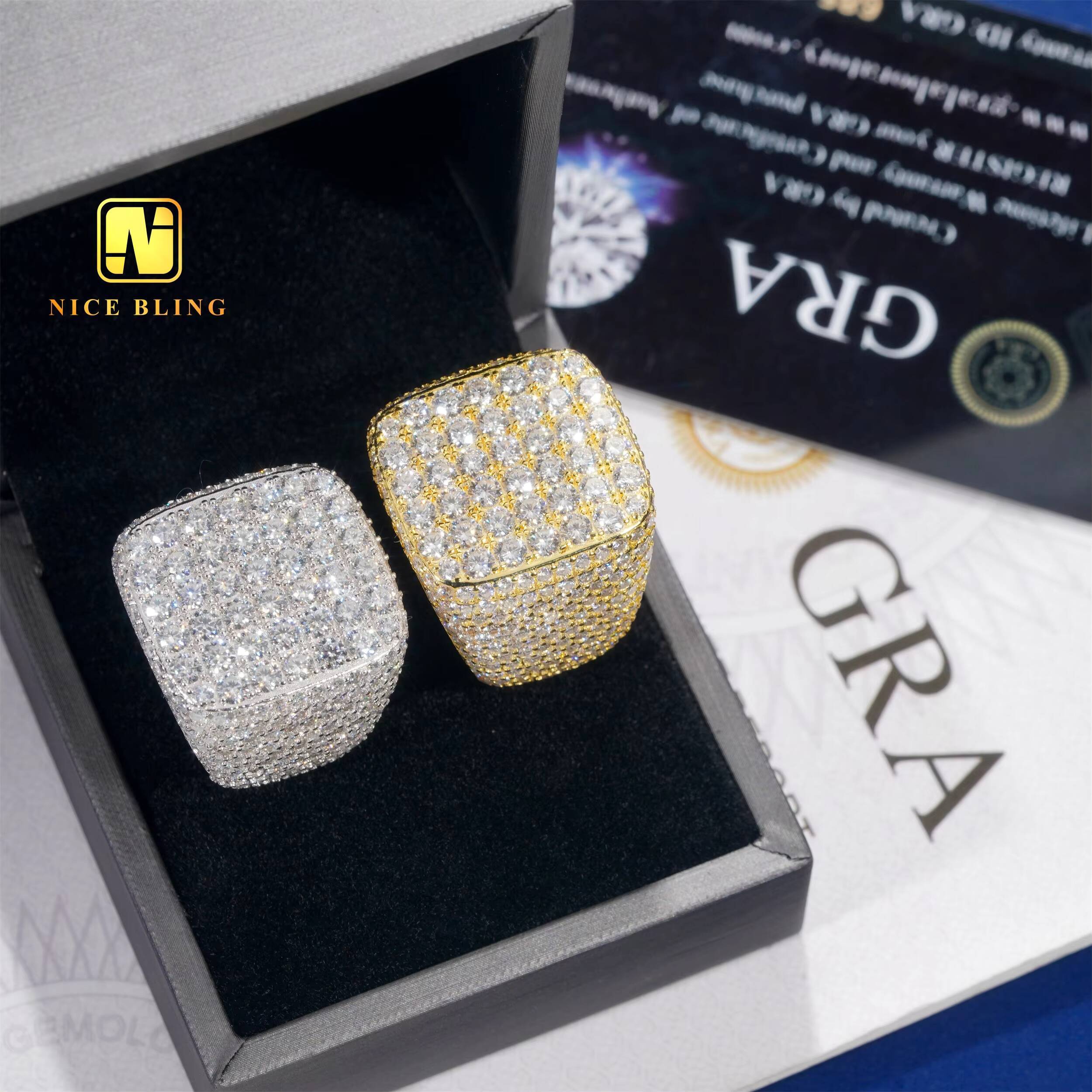 18K Gold Plated Full Iced Out Mens Rings Hip Hop Fashion Jewelry 925 Silver Moissanite square Shape Rings for Engagement