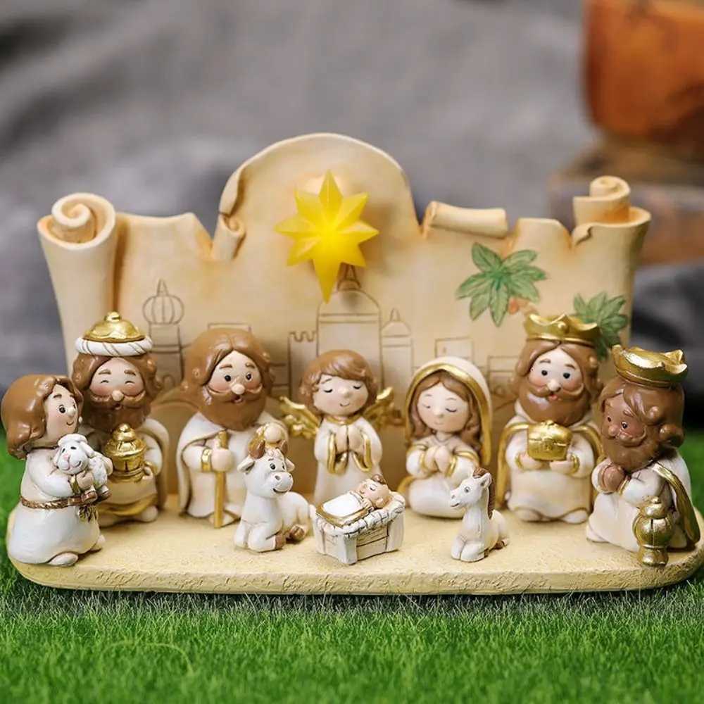 Resin Nativity Manger Ornament Miniature Cartoon Nativity Figurine Hand Painted LED Lights Jesus Child Statue He Decor H251129