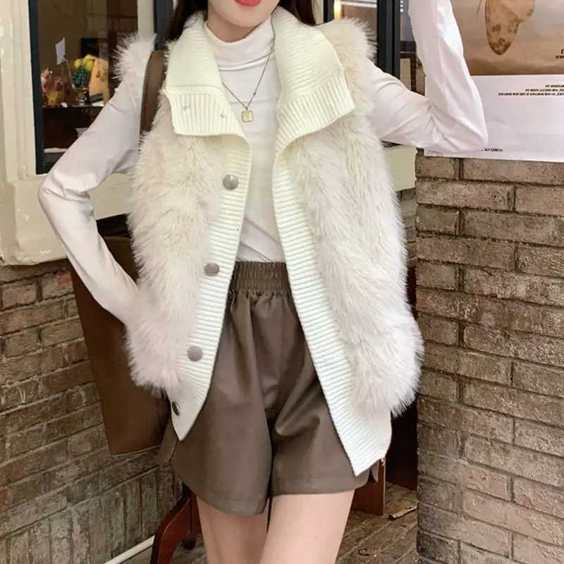 Stand Up Collar Knitted Patchwork Vest Womens Vest Korean Version Loose Plush VestT251129