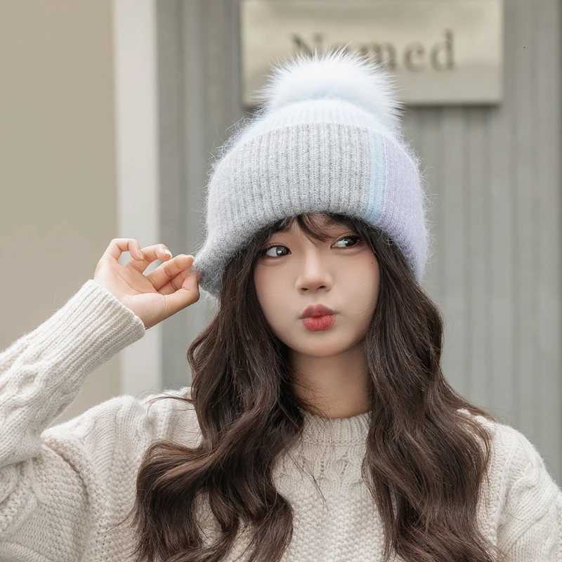 2025 New Rabbit Fur Beanies Soft Warm Fluffy fur pompom Winter Hat for Women Angora Knitted Hat Skullies Female Bonnet Knit CapXJ251129