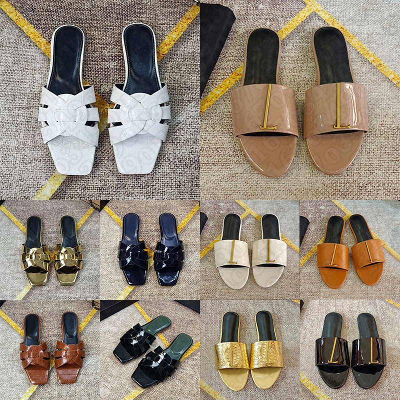 free shipping sandals famous designer women slides luxury sliders black white brown patent leather slide flat sandal womens flats ourdoor shoes