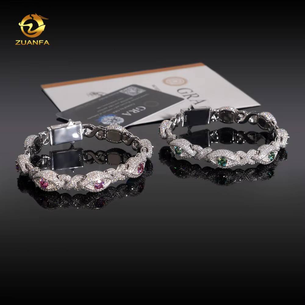 12MM Hip Hop Jewelry Iced Out Men Cuban Bracelet Evil Eye 925 Silver Color Moissanite Bracelet Spring Box Lock Pass Diamond Test