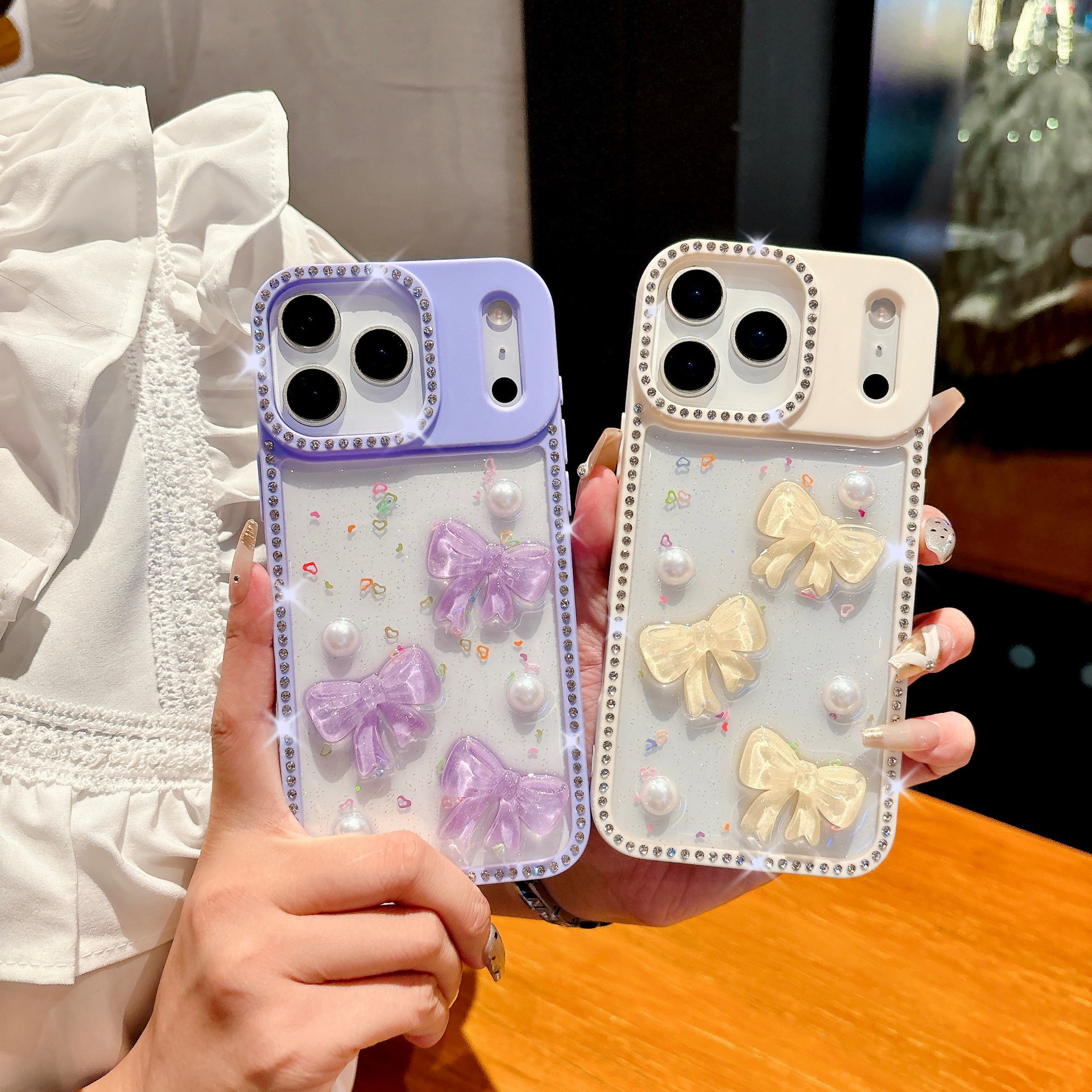 Transparent Bowknot Phone Case Suitable iPhone 17 Pro Max Edge Drill Glitter for Apple16/15 Protective Case