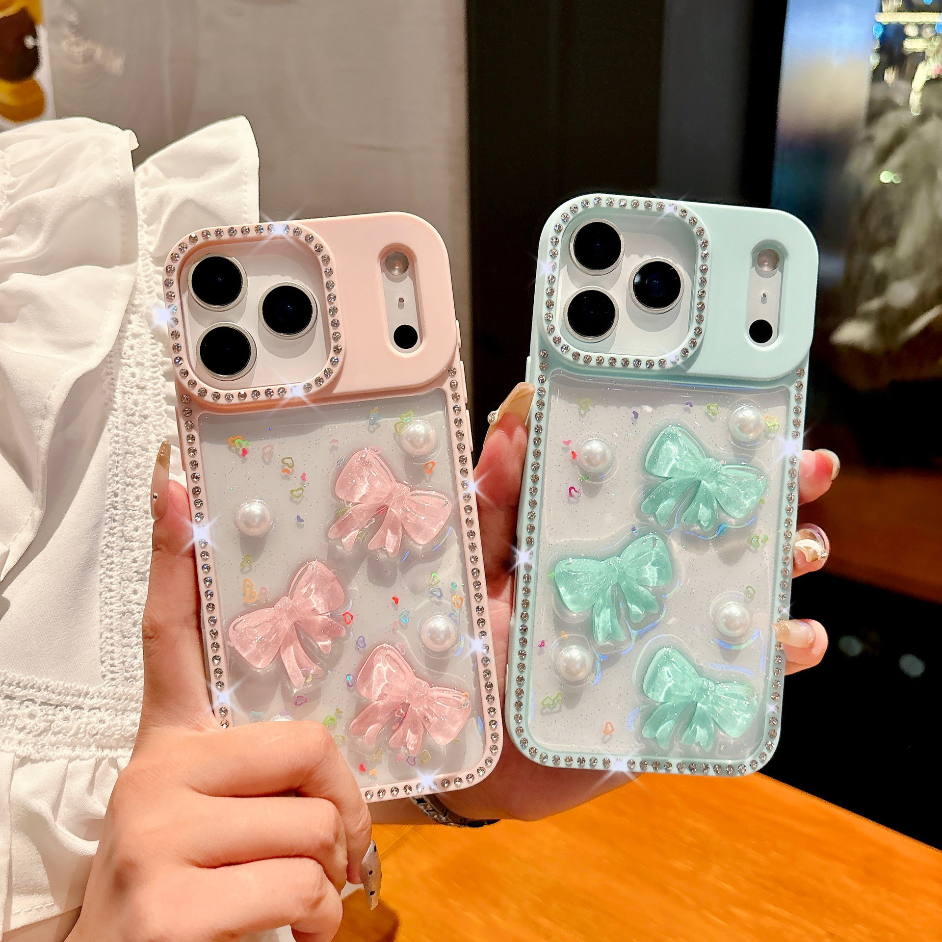 Transparent Bowknot Phone Case Suitable iPhone 17 Pro Max Edge Drill Glitter for Apple16/15 Protective Case