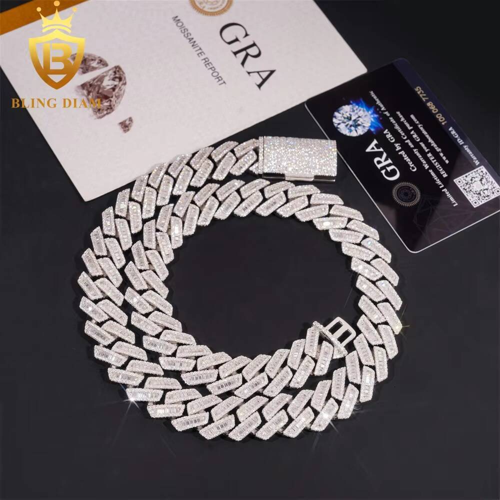 Hot Sale 18mm Mens Iced Out Miami Hip Hop Chain Necklace 925 Sterling Silver Cubic Moissanite Baguette Cut Cuban Link Chain GRA