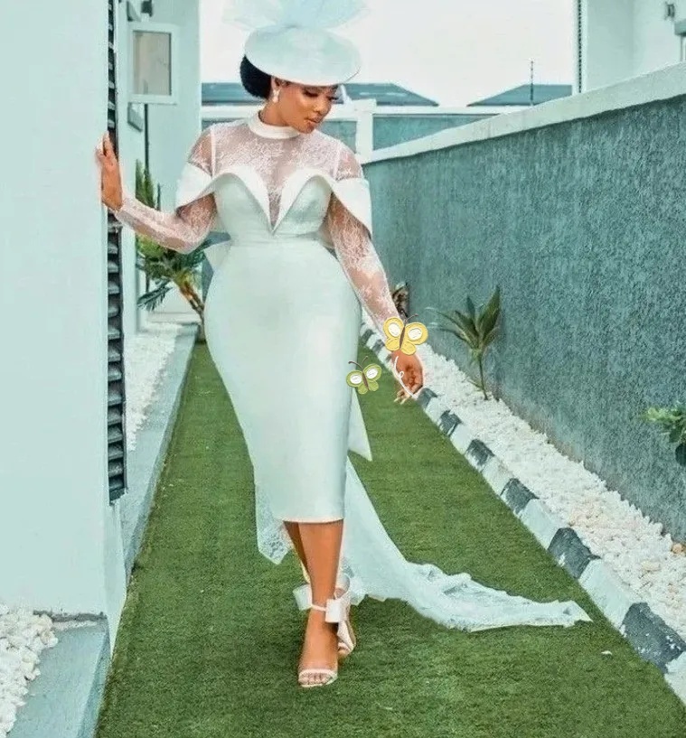 White Short Wedding Dresses Lace Long Sleeves Tea Length Satin Classic Bridal Gowns Women Brides After Wedding Party Gown Robe De Soiree