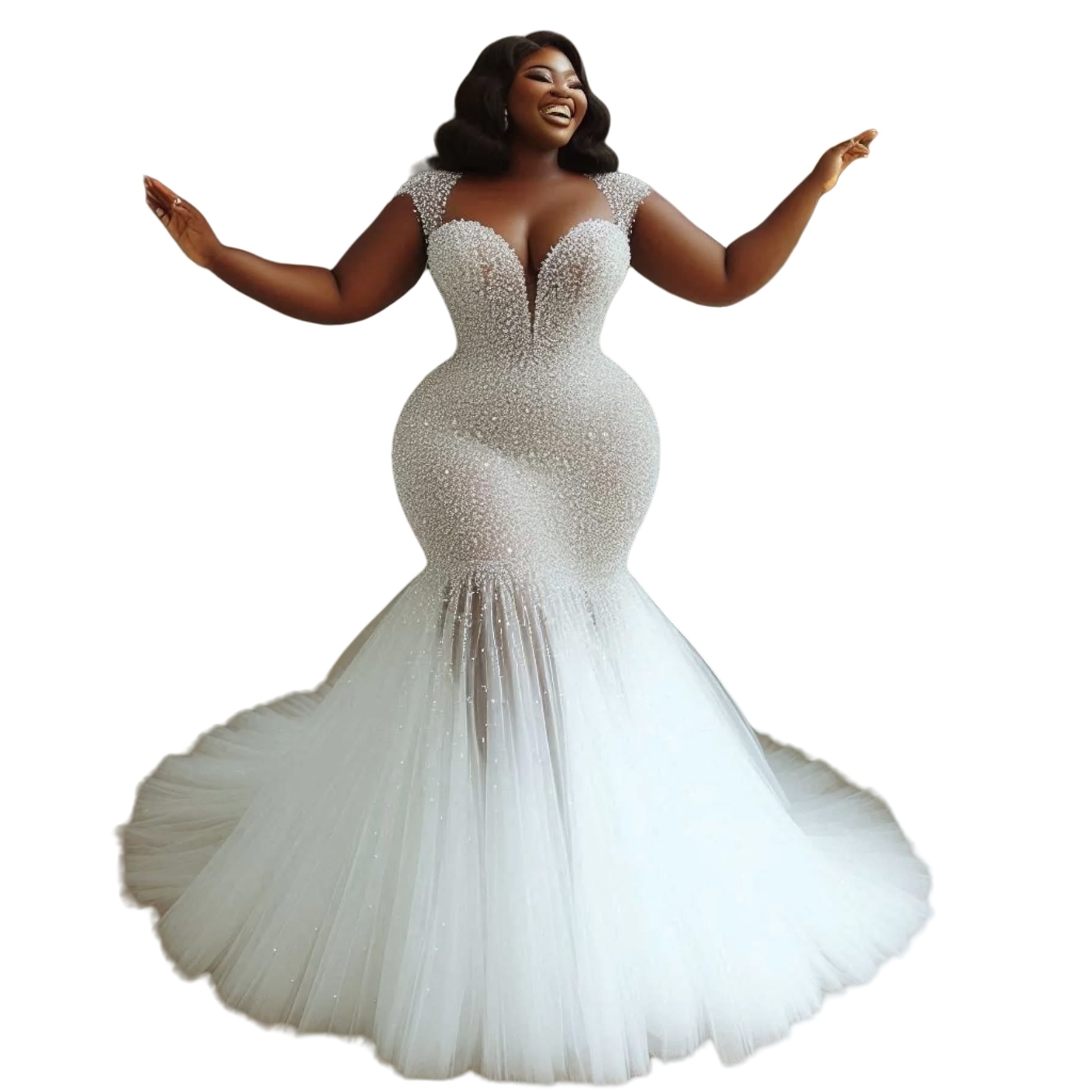 2025 Oversize Aso Ebi Plus Size Ivory Wedding Dress Illusion Cap Sleeves Beaded Sequined Tulle Sparkly Bridal Gowns Dresses ZJ061