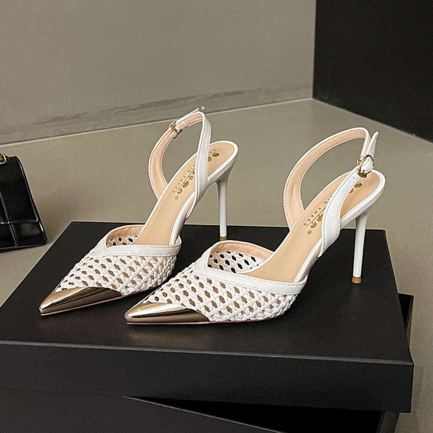 Fashion Hollow Woven Designer Shoe Heel Sandals for Women Pointed Toe One-Strap sling back Heels