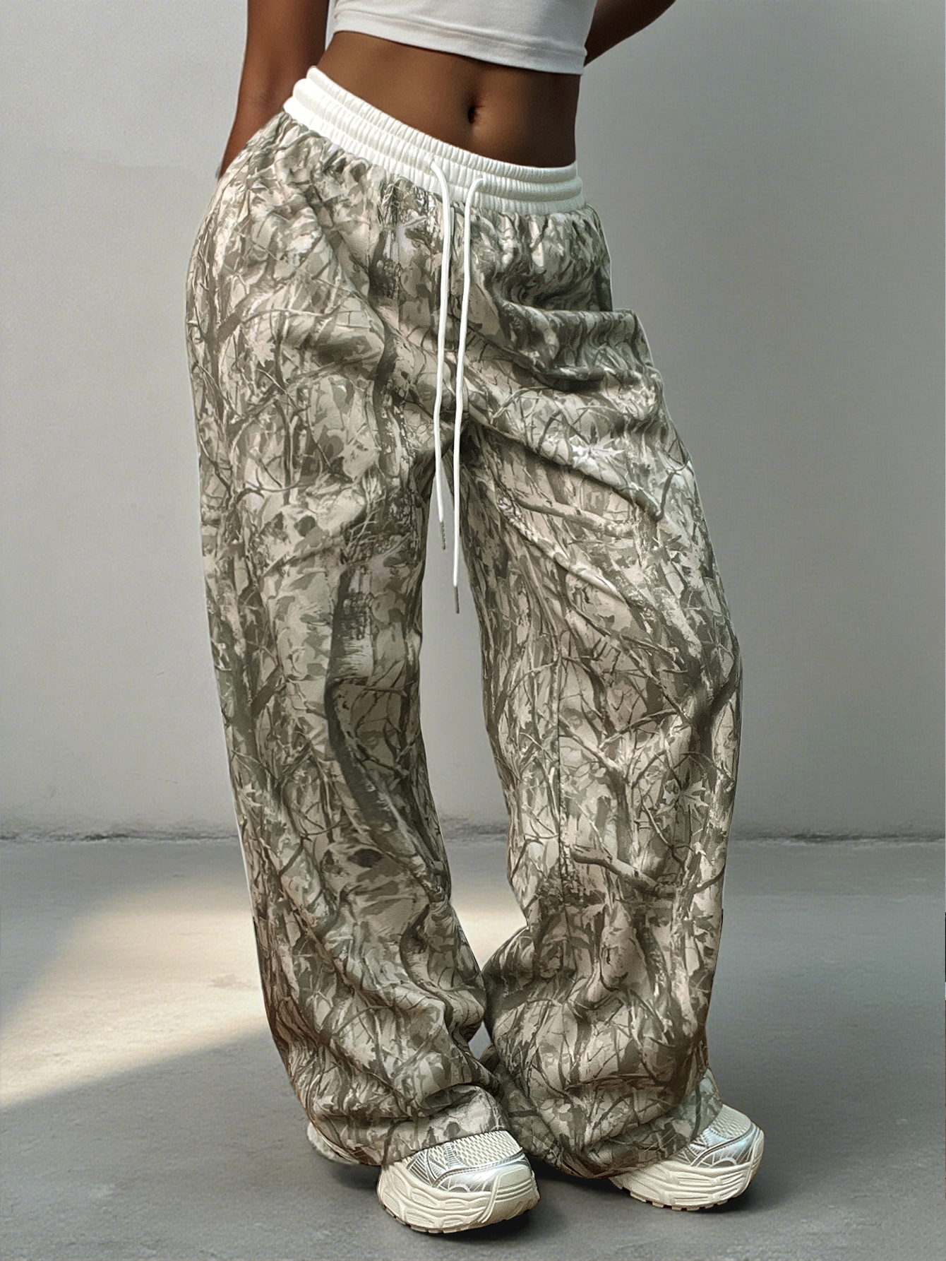 Women's Tree Print Wide-Leg Pants: Young Fashion Style, Casual Comfortable Loose-Fit Trousers with Digital Pattern, Elastic Waist Daily Wear Bott