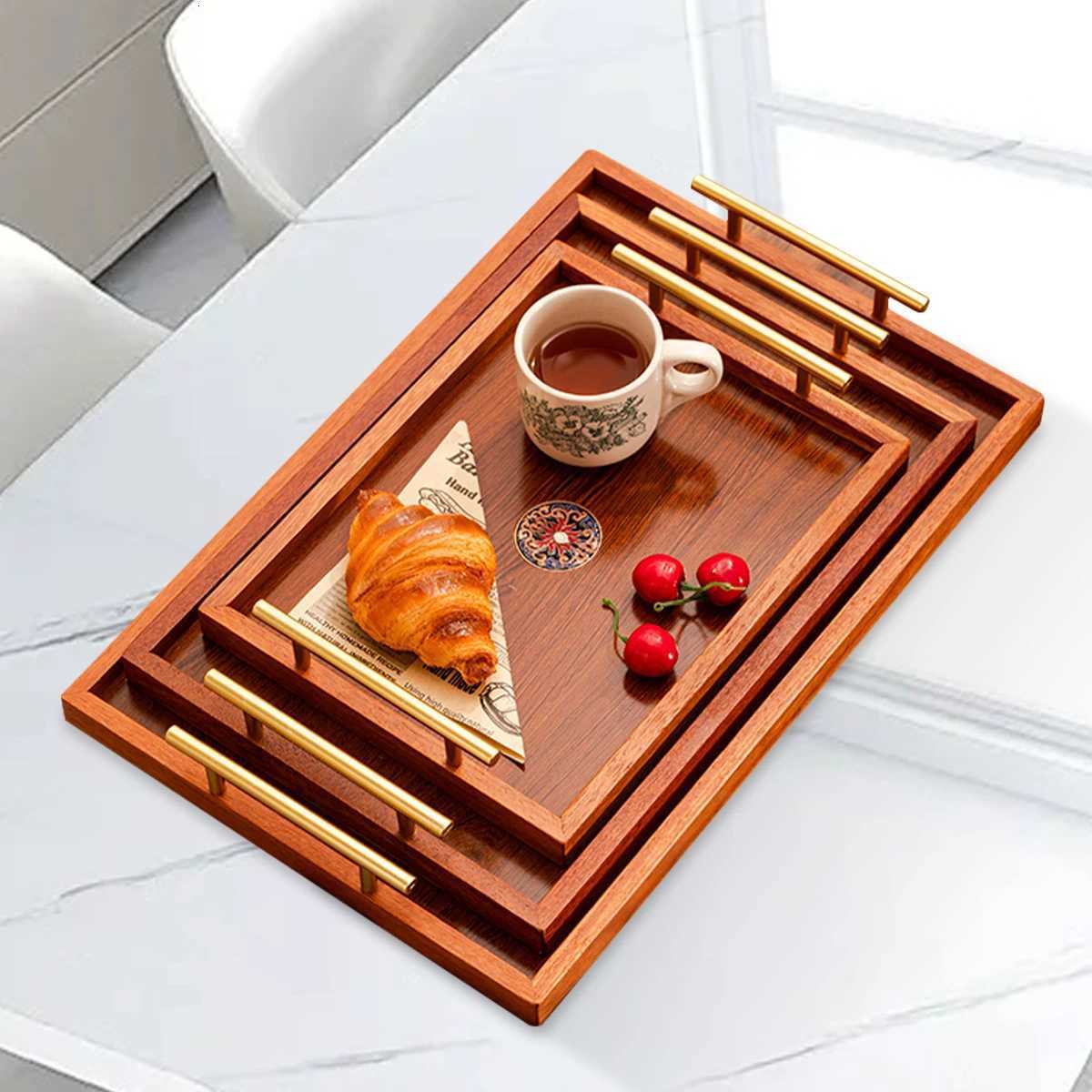 Wooden Serving Tray Set of 3 with Metal Handles - Multi-functional Breakfast Party Storage Platters Brown Y251129