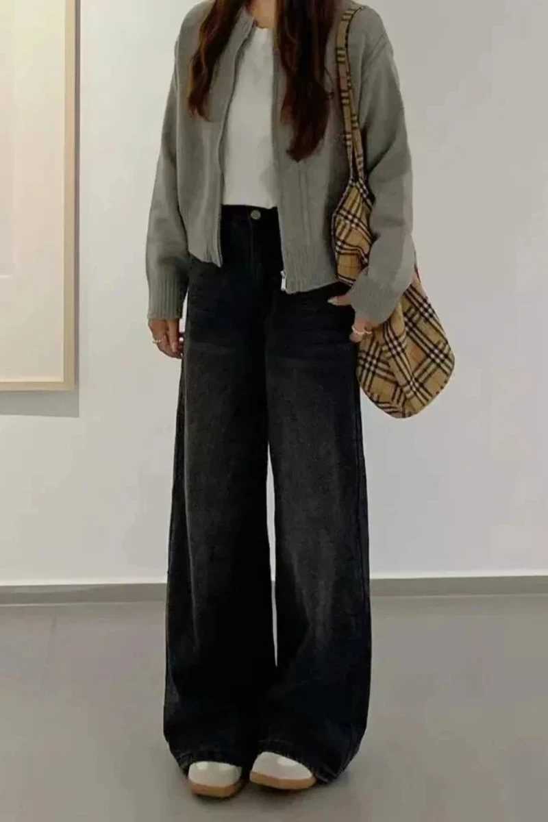 Y2k Jeans Women Jeans Black Washed Wide Leg High Waist Loose Fit Winter New Arrival Trousers Slimming Drape Straight Long Pants M260310