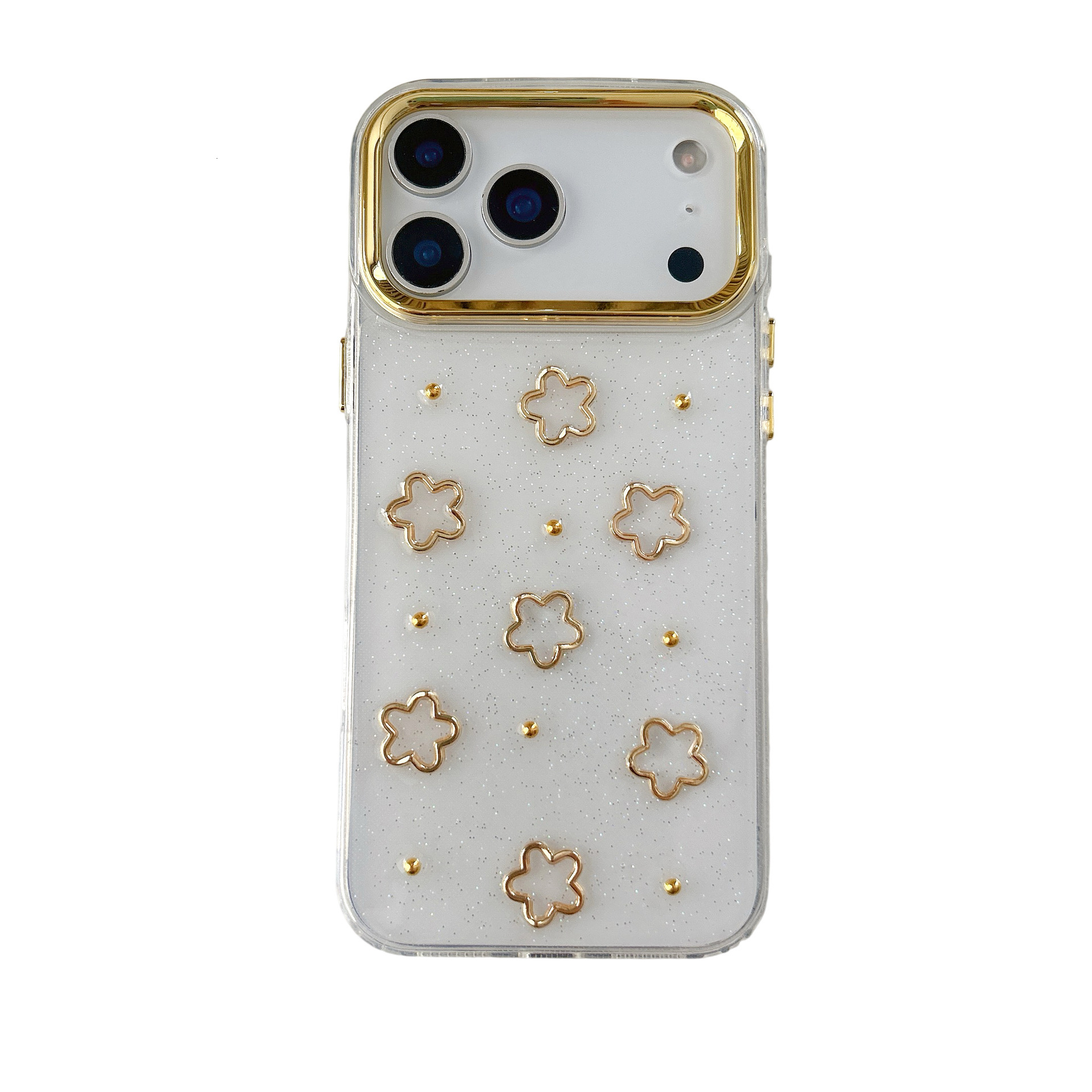 Flower Heart Bow Phone Case Compatible with iPhone 17 Pro Max Gold Bead Transparent Case Apple 16/15 Pro