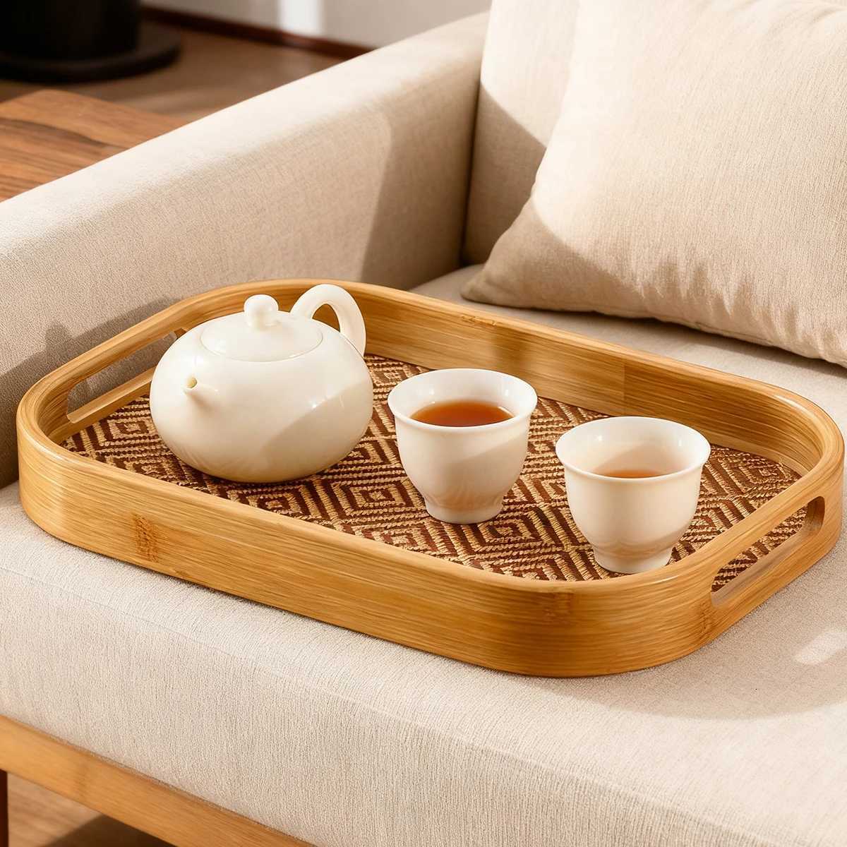 Large Bamboo Rectangular Tray with Handles - Home Restaurant Multi-Functional Platter Y251129