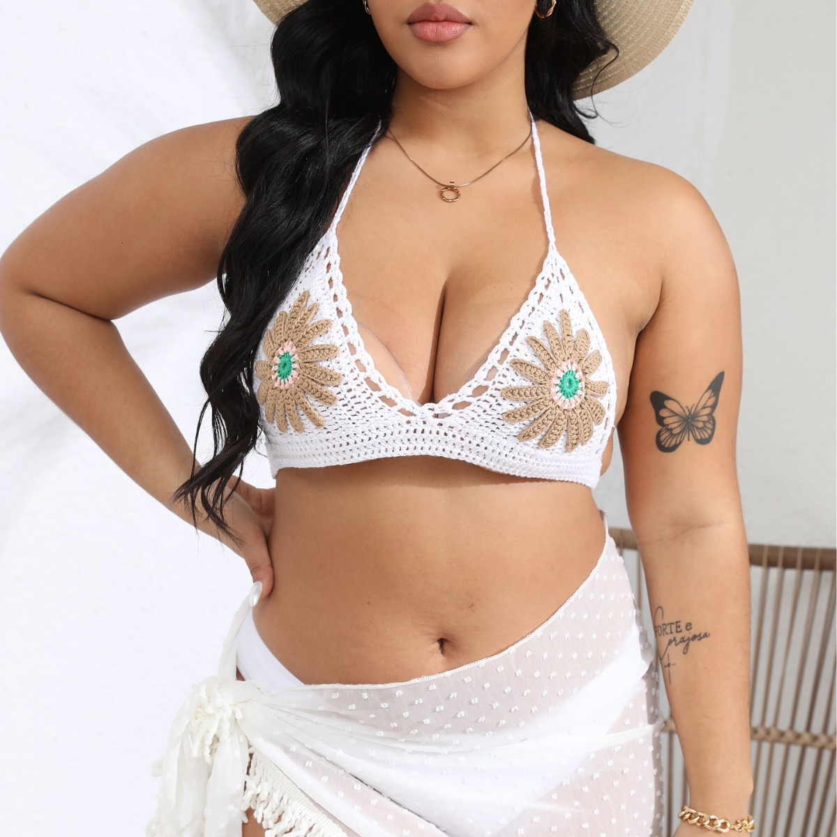 Womens Top Womens Sexy Beach Strap Pure Hand Hook Flower Splicing Strap Bikini Top