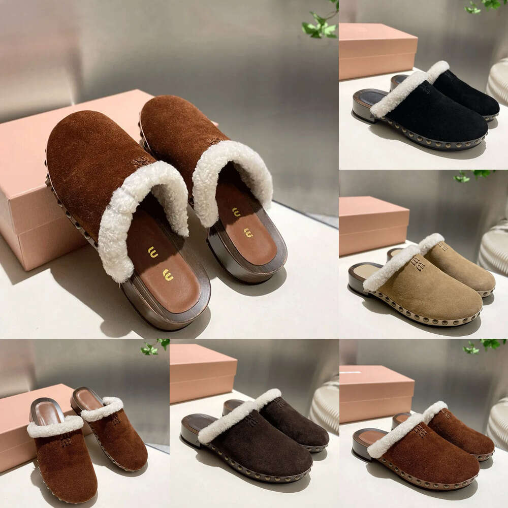 Womens Autumn Fashion Slippers Designer mule clog sabot slipper Suede Shearling Wool flat warm winter womens shoes Ladie Popular Retro Slipper fur slide