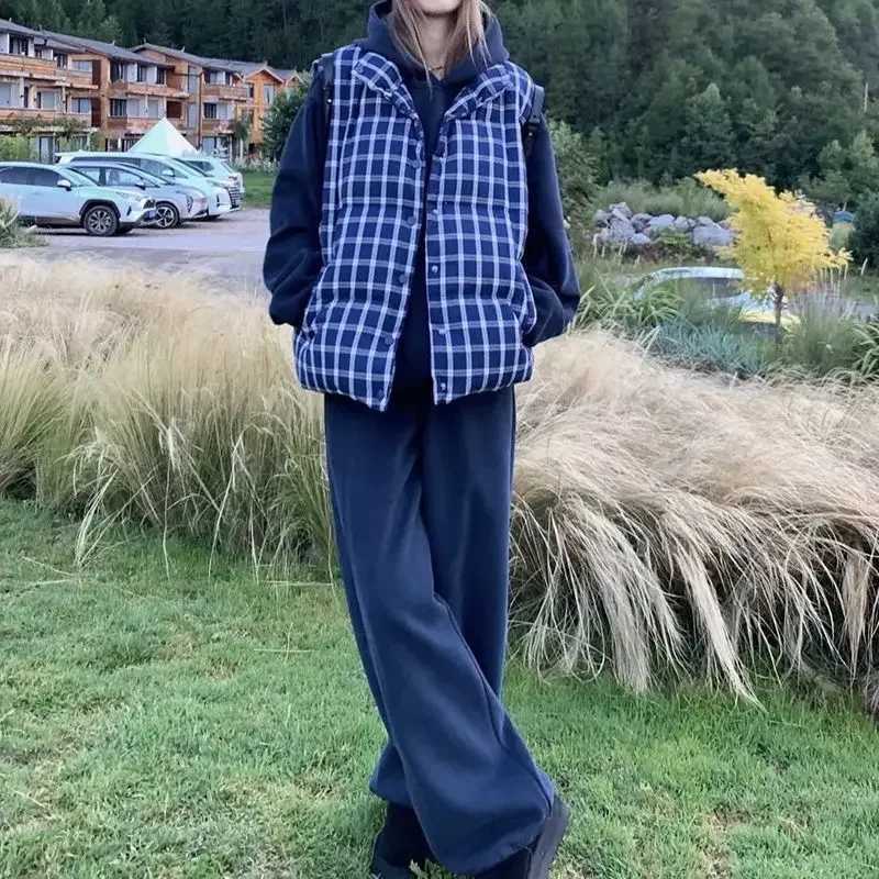 Lattice Womens Padded Cotton Vests Blue Korean Style Clothes Fashion 2025 Lady Giletes Insulated Demi-season Warm Trend ColdT251129