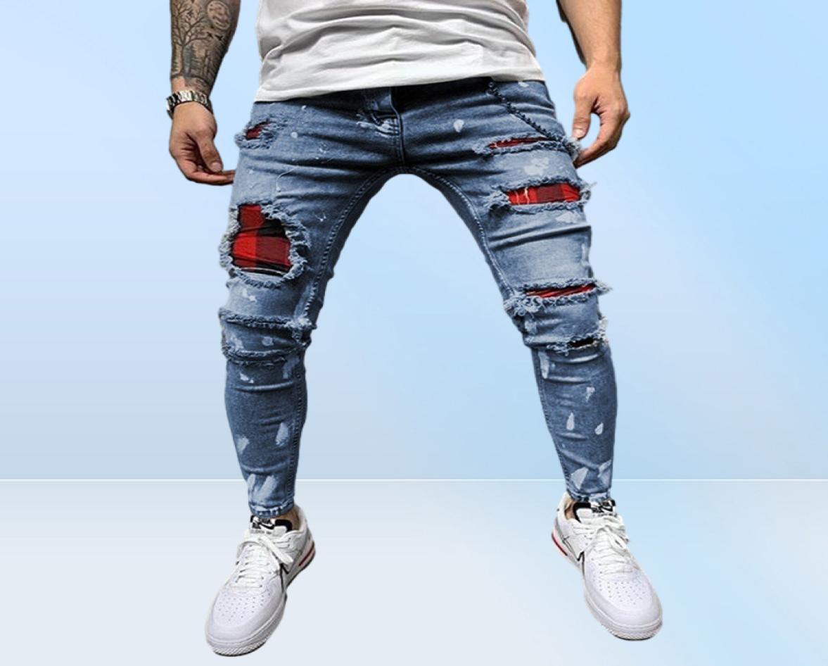 Men Pure Color Grid Jeans Gray Patchwork Designer Hip Hop Pants Slim Fit Elastic Hiphop Style Pencil 2204082648350