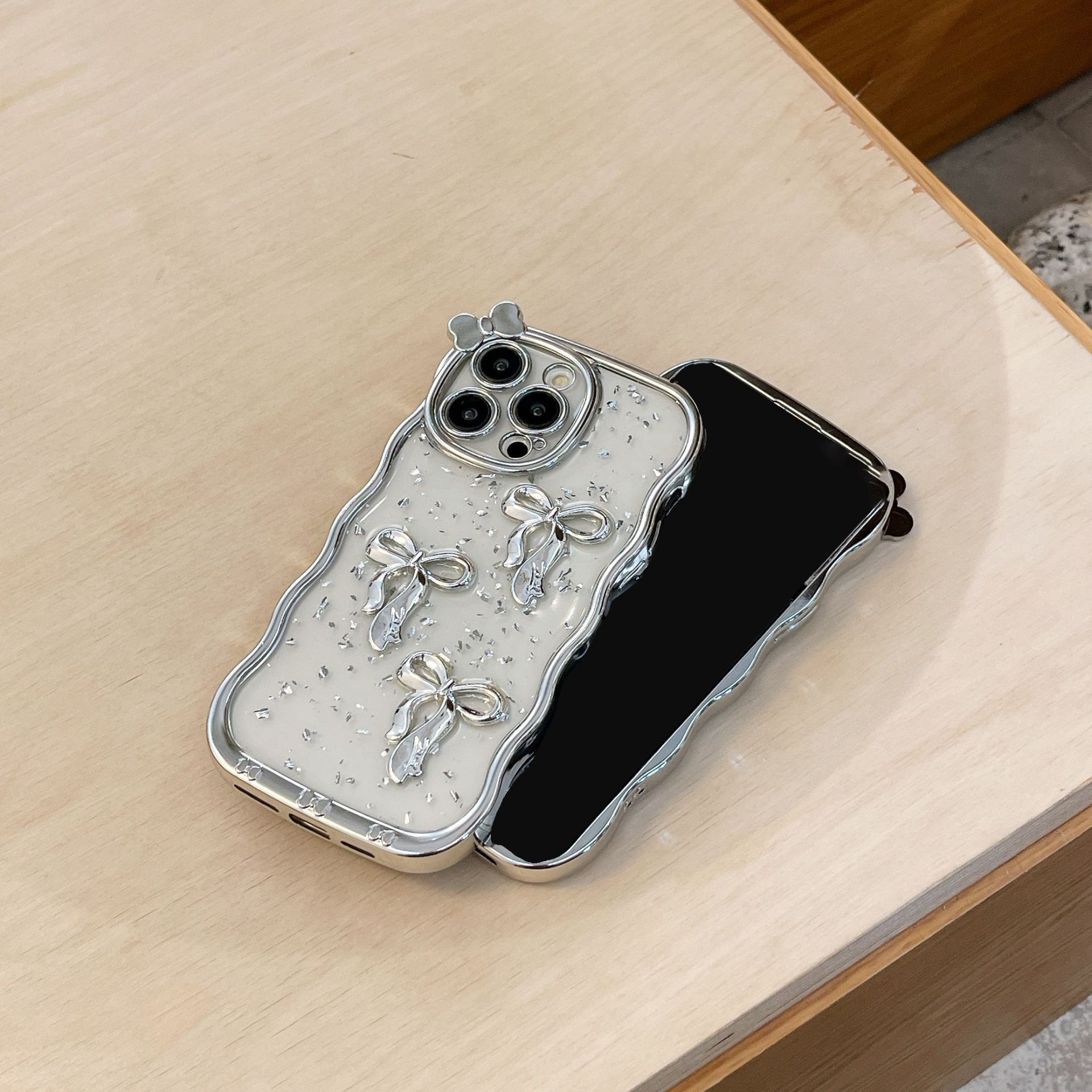 Bow Phone Case iPhone 16 Pro Max Electroplated Wave Compatible With Apple 15/14 Pro Transparent Soft Protective Case