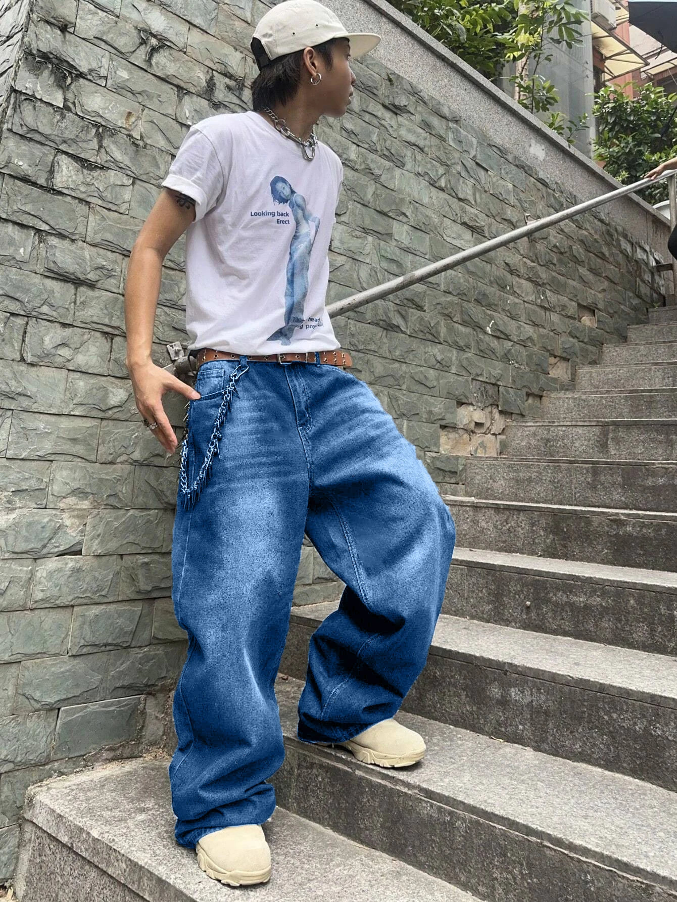 1 piece of mens loose hip-hop style denim jeans - casual streetwear washed blue strapless/decorative comfortable and fashionable 250423