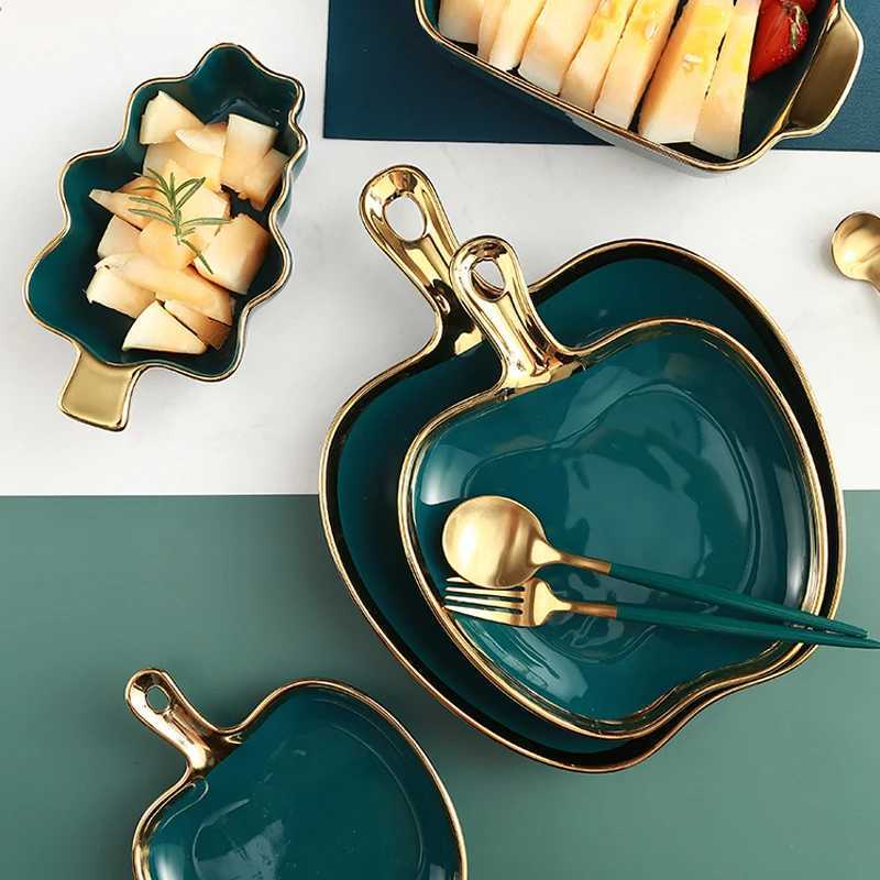 Luxury Nordic Light Luxury Plate Storage Plate He Creative Breakfast Plate Tableware Golden Edge Double Ear Plate Kitchen Supplies Y251129