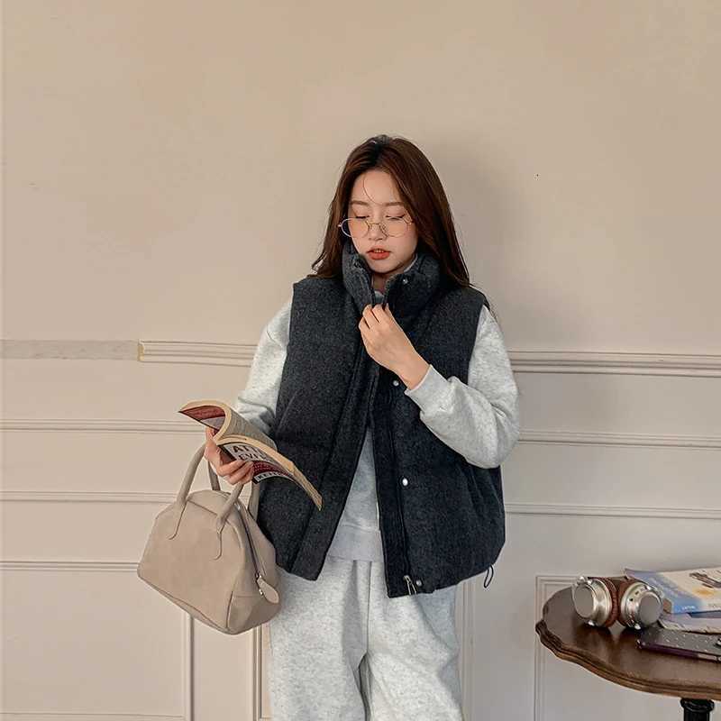 Short Down cotton Vest Womens 2025 Korean Fashion New Stand-up Sleeveless Zipper Student Vest Jacket Black Gray Waistcoat TideT251129