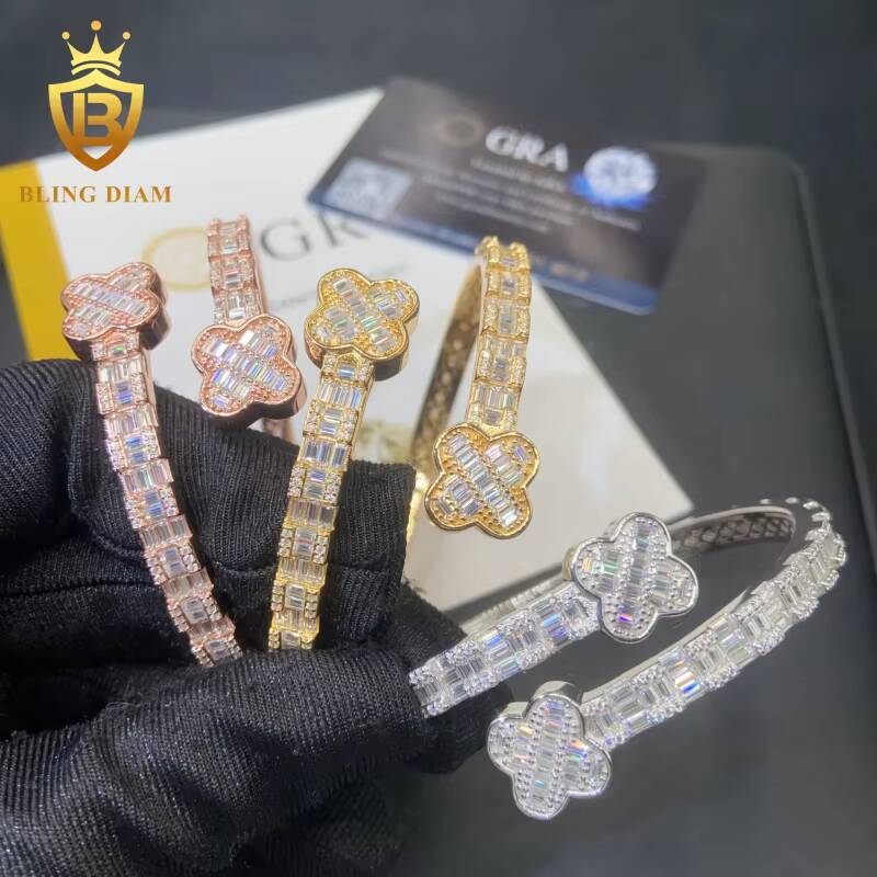 Hot Saling Fine Jewelry Four Leaf Clover Bangle 925 Sterling Silver Iced Out VVS Moissanite Hip Hop Bracelet Pass Diamond Tester