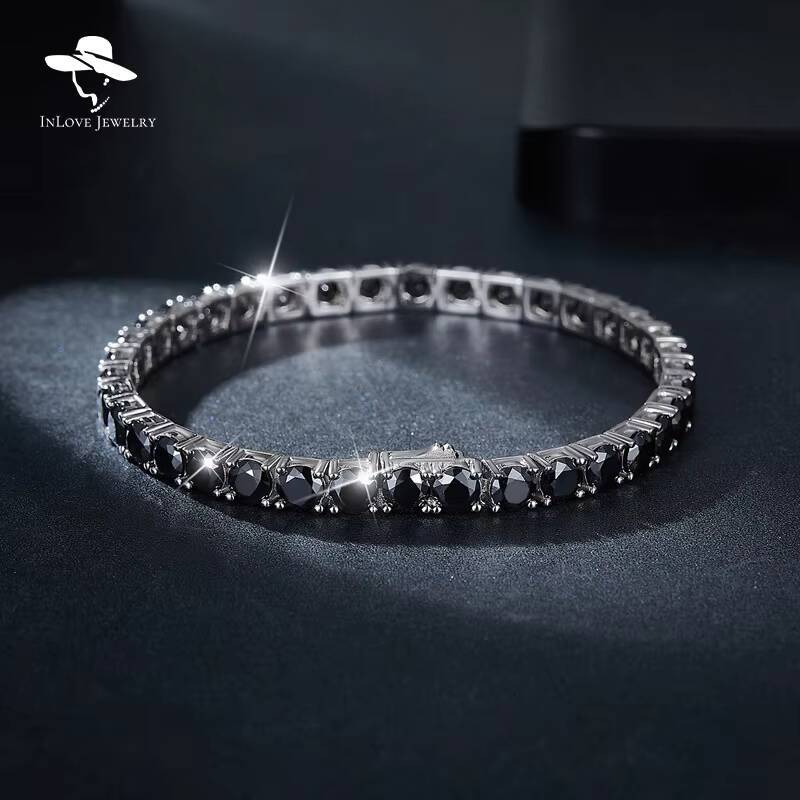 925 Sterling Silver Hip-Hop Tennis Bracelet 4mm 5mm 65mm VVS Black Moissanite Four-Claw Chain for Men and Women