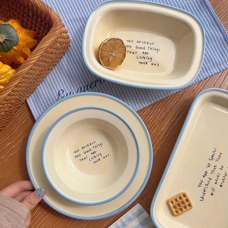 Luxury Korean Style Letter Printing Ceramic Tableware Contrast Colours Yoghurt Bowl Round Breakfast Plate Rectangar Dinner Dish Y251129